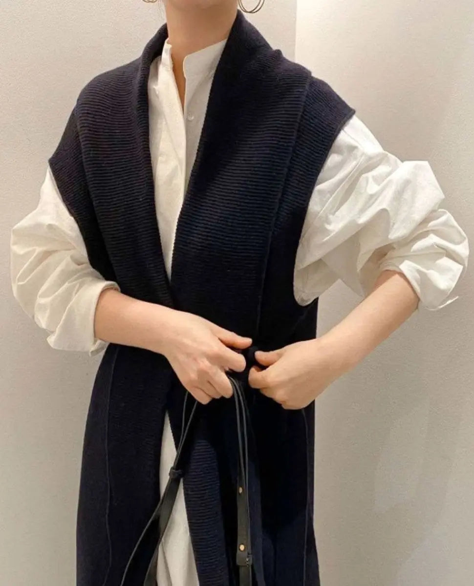 【動画あり】ノーカラーシャツワンピース&ニットロングベスト 2点セット mirror me