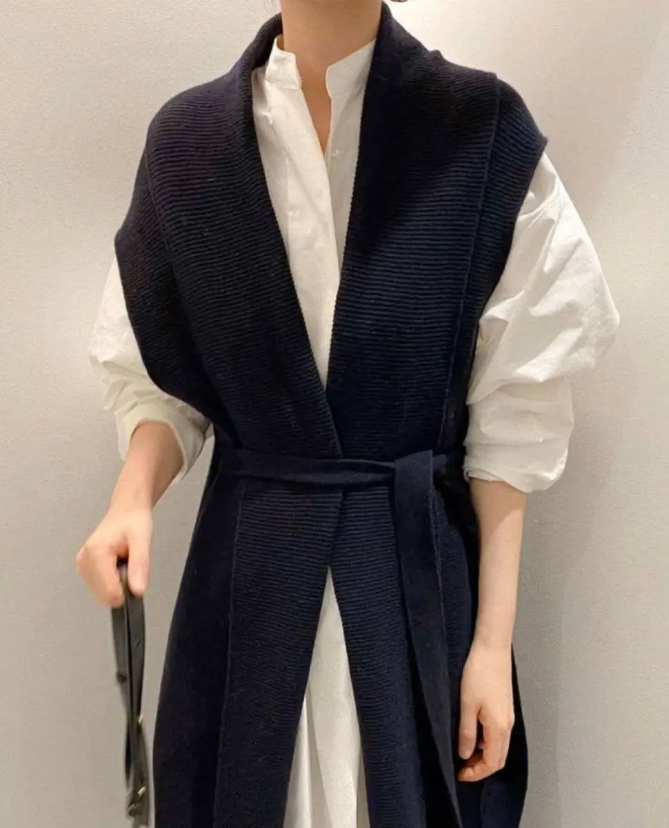 【動画あり】ノーカラーシャツワンピース&ニットロングベスト 2点セット mirror me