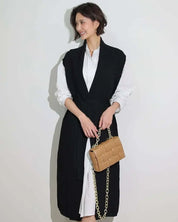 【動画あり】ノーカラーシャツワンピース&ニットロングベスト 2点セット mirror me