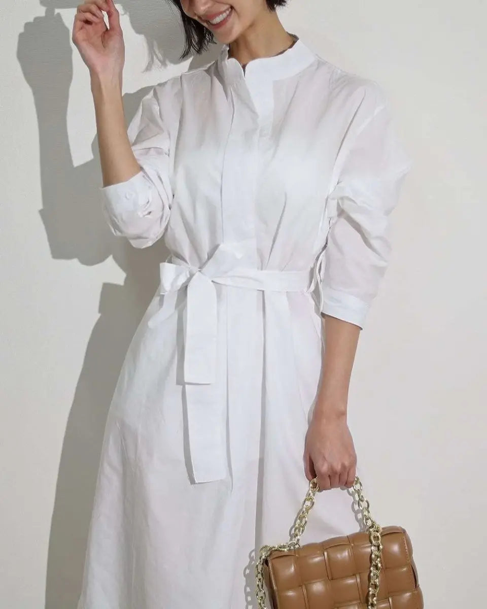 【動画あり】ノーカラーシャツワンピース&ニットロングベスト 2点セット mirror me