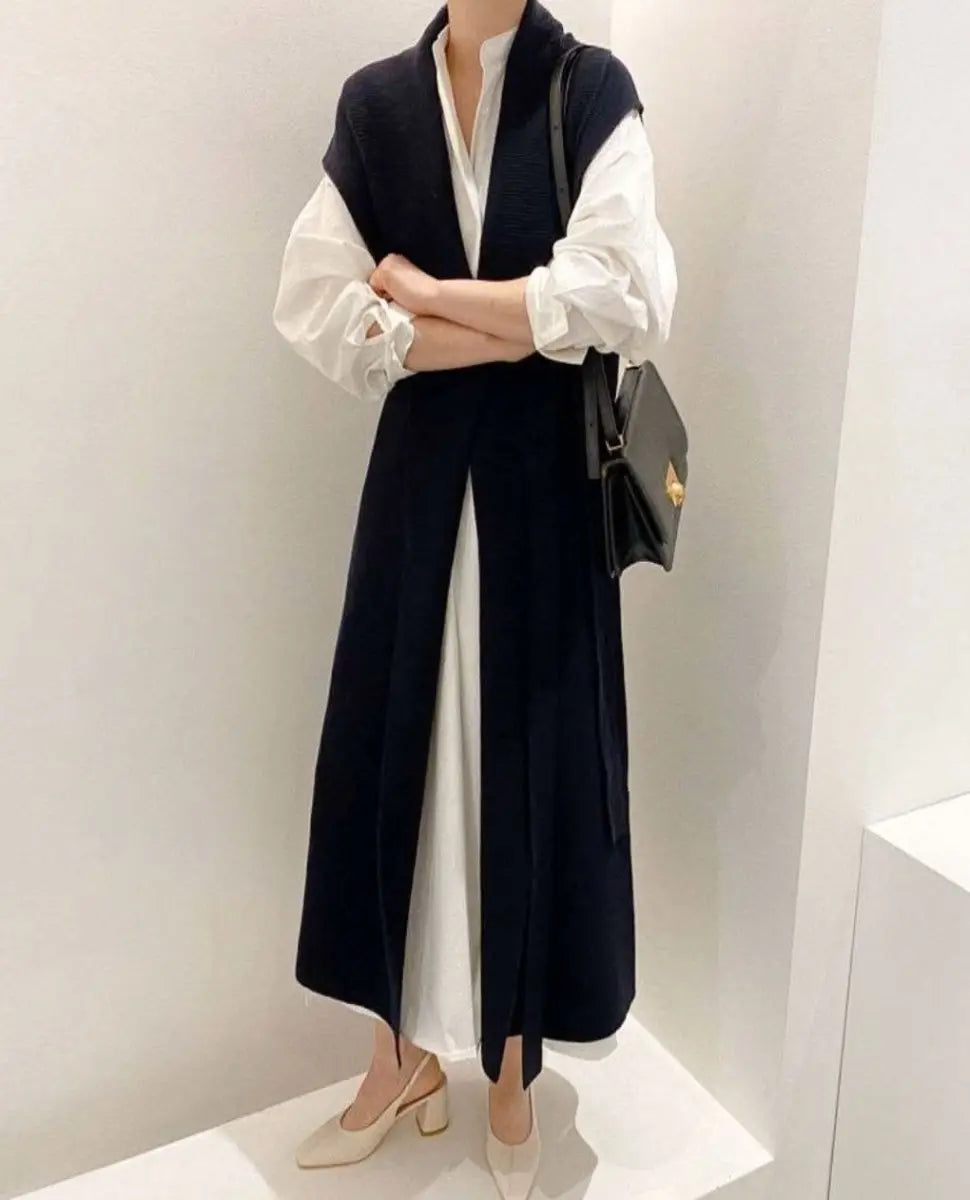 【動画あり】ノーカラーシャツワンピース&ニットロングベスト 2点セット mirror me