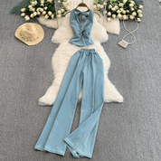 【2025春夏新作】デニムライク ホルターネックトップス&ワイドパンツセットアップ【2色展開】 - select store mirror me【2025春夏新作】デニムライク ホルターネックトップス&ワイドパンツセットアップ【2色展開】select store mirror meselect store mirror meライトブルーS