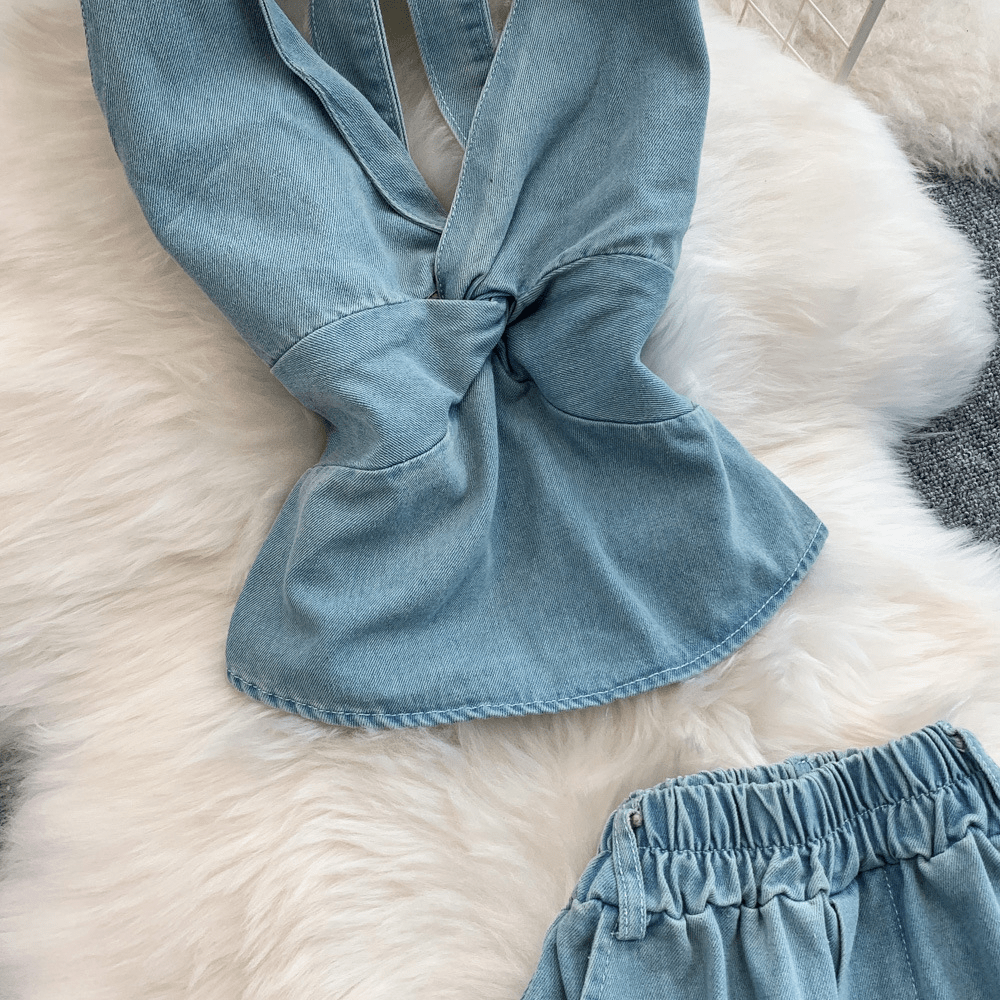 【2025春夏新作】デニムライク ホルターネックトップス&ワイドパンツセットアップ【2色展開】 - select store mirror me【2025春夏新作】デニムライク ホルターネックトップス&ワイドパンツセットアップ【2色展開】select store mirror meselect store mirror meライトブルーS