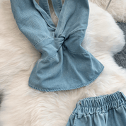 【2025春夏新作】デニムライク ホルターネックトップス&ワイドパンツセットアップ【2色展開】 - select store mirror me【2025春夏新作】デニムライク ホルターネックトップス&ワイドパンツセットアップ【2色展開】select store mirror meselect store mirror meライトブルーS