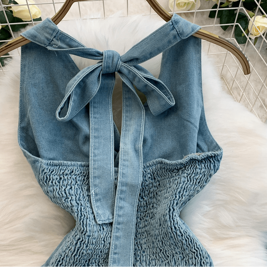 【2025春夏新作】デニムライク ホルターネックトップス&ワイドパンツセットアップ【2色展開】 - select store mirror me【2025春夏新作】デニムライク ホルターネックトップス&ワイドパンツセットアップ【2色展開】select store mirror meselect store mirror meライトブルーS