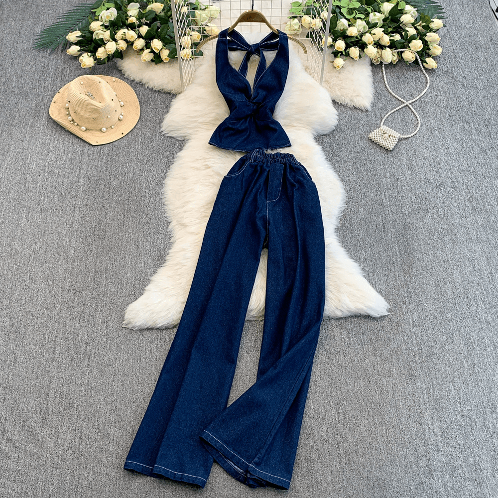 【2025春夏新作】デニムライク ホルターネックトップス&ワイドパンツセットアップ【2色展開】 - select store mirror me【2025春夏新作】デニムライク ホルターネックトップス&ワイドパンツセットアップ【2色展開】select store mirror meselect store mirror meライトブルーS