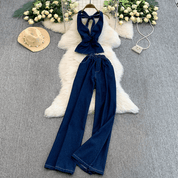 【2025春夏新作】デニムライク ホルターネックトップス&ワイドパンツセットアップ【2色展開】 - select store mirror me【2025春夏新作】デニムライク ホルターネックトップス&ワイドパンツセットアップ【2色展開】select store mirror meselect store mirror meライトブルーS