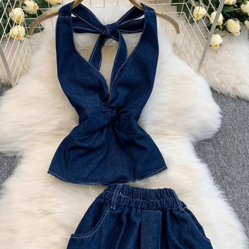 【2025春夏新作】デニムライク ホルターネックトップス&ワイドパンツセットアップ【2色展開】 - select store mirror me【2025春夏新作】デニムライク ホルターネックトップス&ワイドパンツセットアップ【2色展開】select store mirror meselect store mirror meライトブルーS