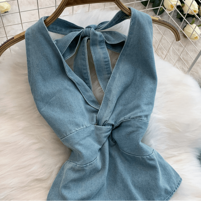 【2025春夏新作】デニムライク ホルターネックトップス&ワイドパンツセットアップ【2色展開】 - select store mirror me【2025春夏新作】デニムライク ホルターネックトップス&ワイドパンツセットアップ【2色展開】select store mirror meselect store mirror meライトブルーS