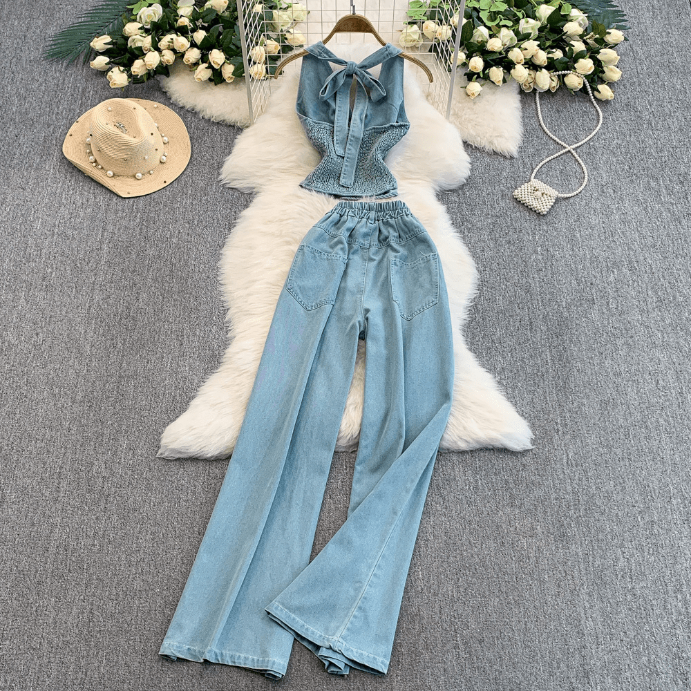 【2025春夏新作】デニムライク ホルターネックトップス&ワイドパンツセットアップ【2色展開】 - select store mirror me【2025春夏新作】デニムライク ホルターネックトップス&ワイドパンツセットアップ【2色展開】select store mirror meselect store mirror meライトブルーS