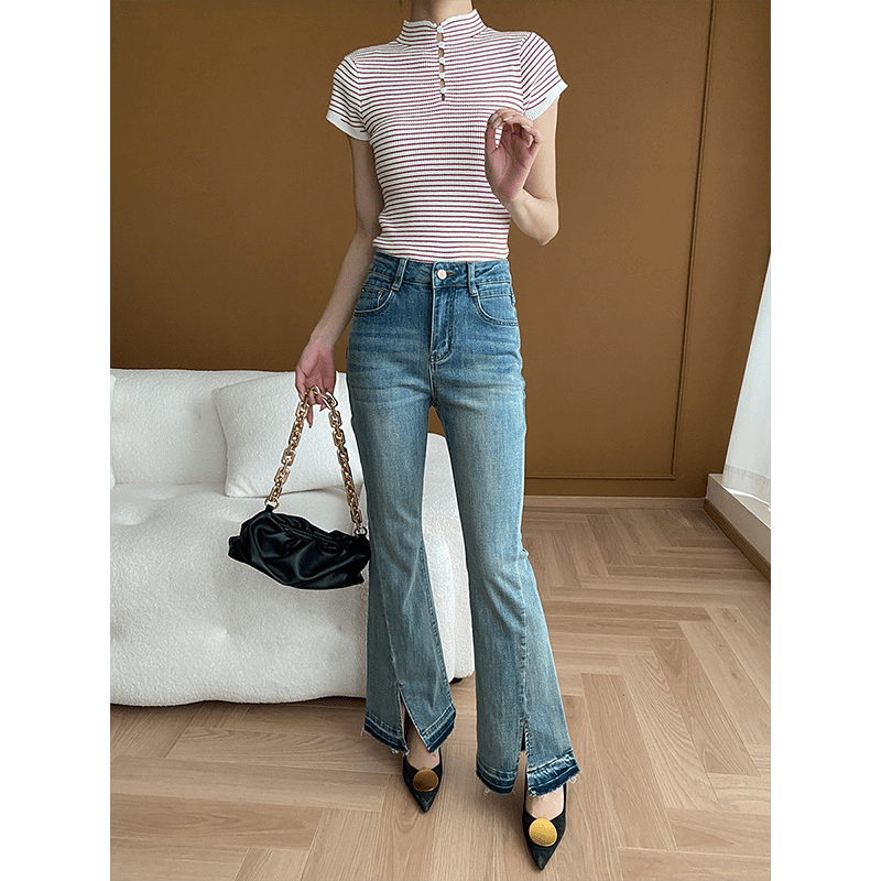 【2025春夏新作】フロントスリットフレアデニムパンツ - select store mirror me【2025春夏新作】フロントスリットフレアデニムパンツselect store mirror meselect store mirror meライトブルーS