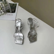 スクエアトゥハイヒールサンダル mirror me