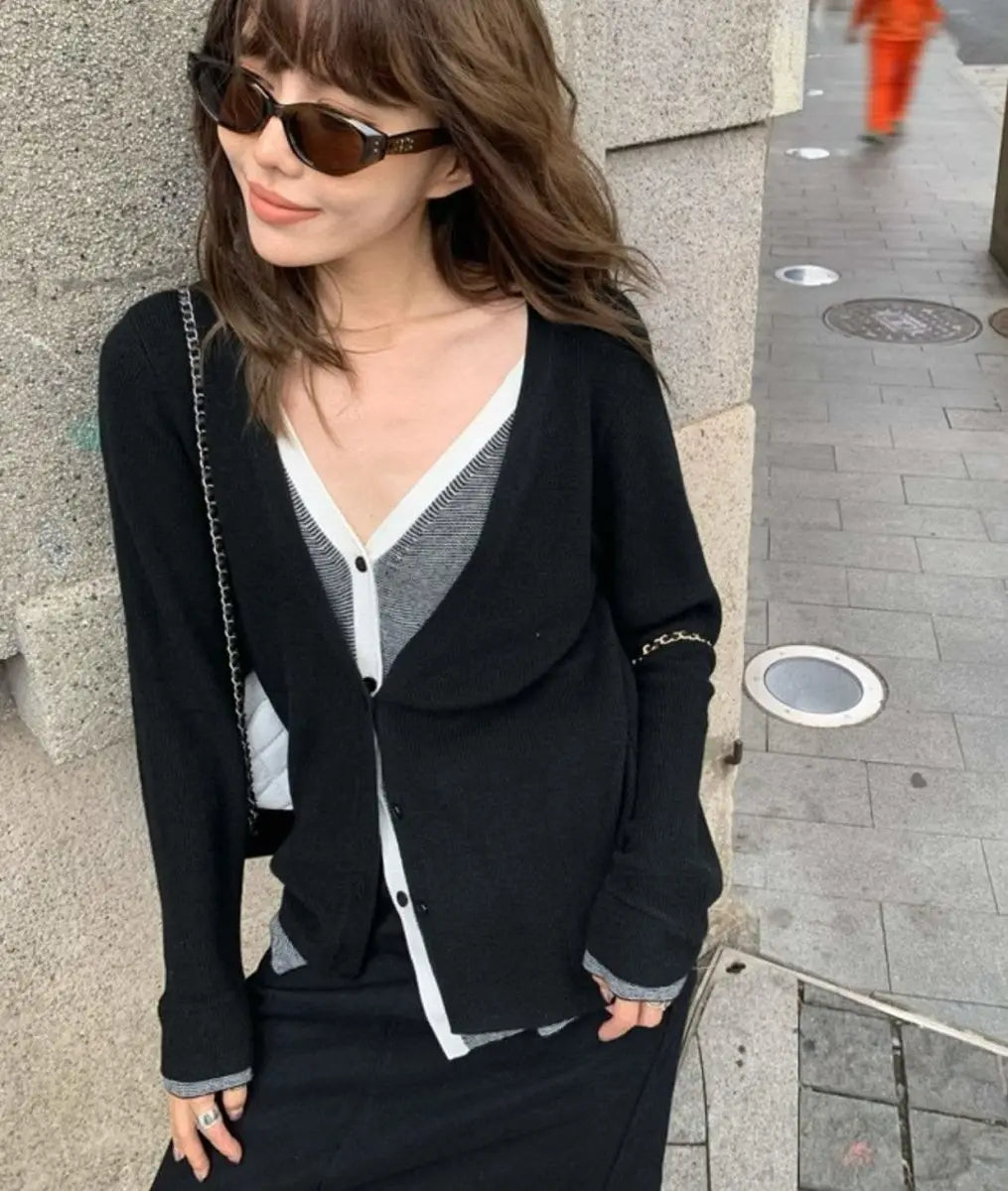 <インスタグラマー様ご愛用>【動画あり】重ね着風バイカラーカーディガン 3色展開 mirror me