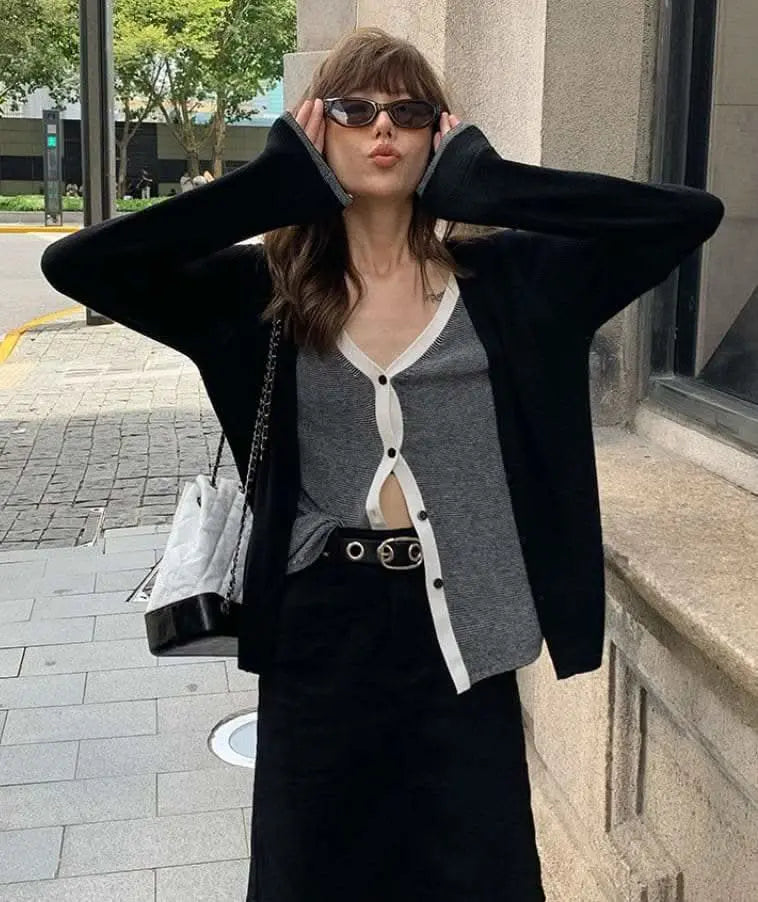 <インスタグラマー様ご愛用>【動画あり】重ね着風バイカラーカーディガン 3色展開 mirror me