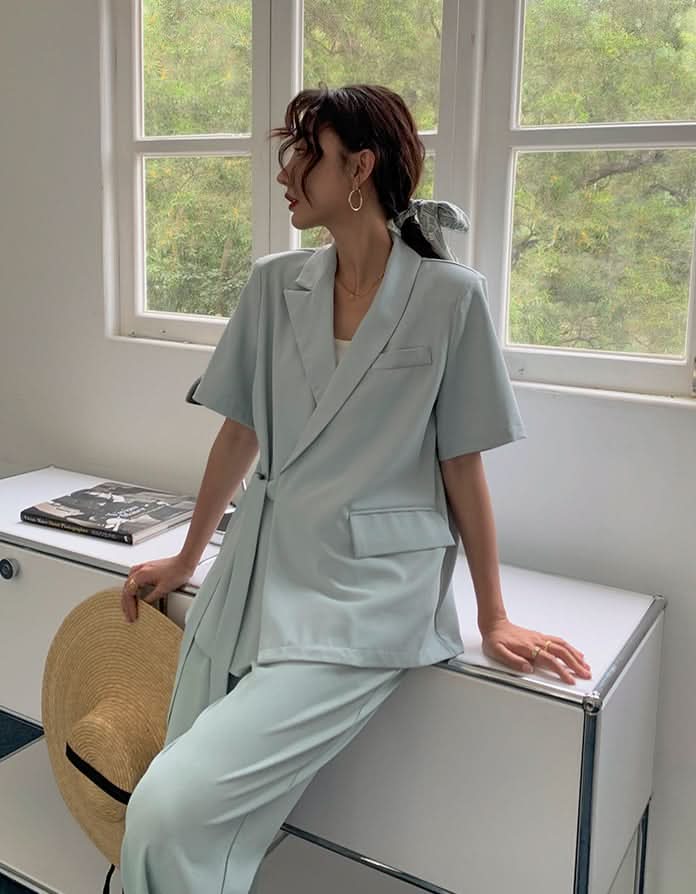 ウエストサイドリボン半袖ジャケパンセットアップ 4色展開 - select store mirror meウエストサイドリボン半袖ジャケパンセットアップ 4色展開198881127mirror meselect store mirror me198881127ライトグレーS