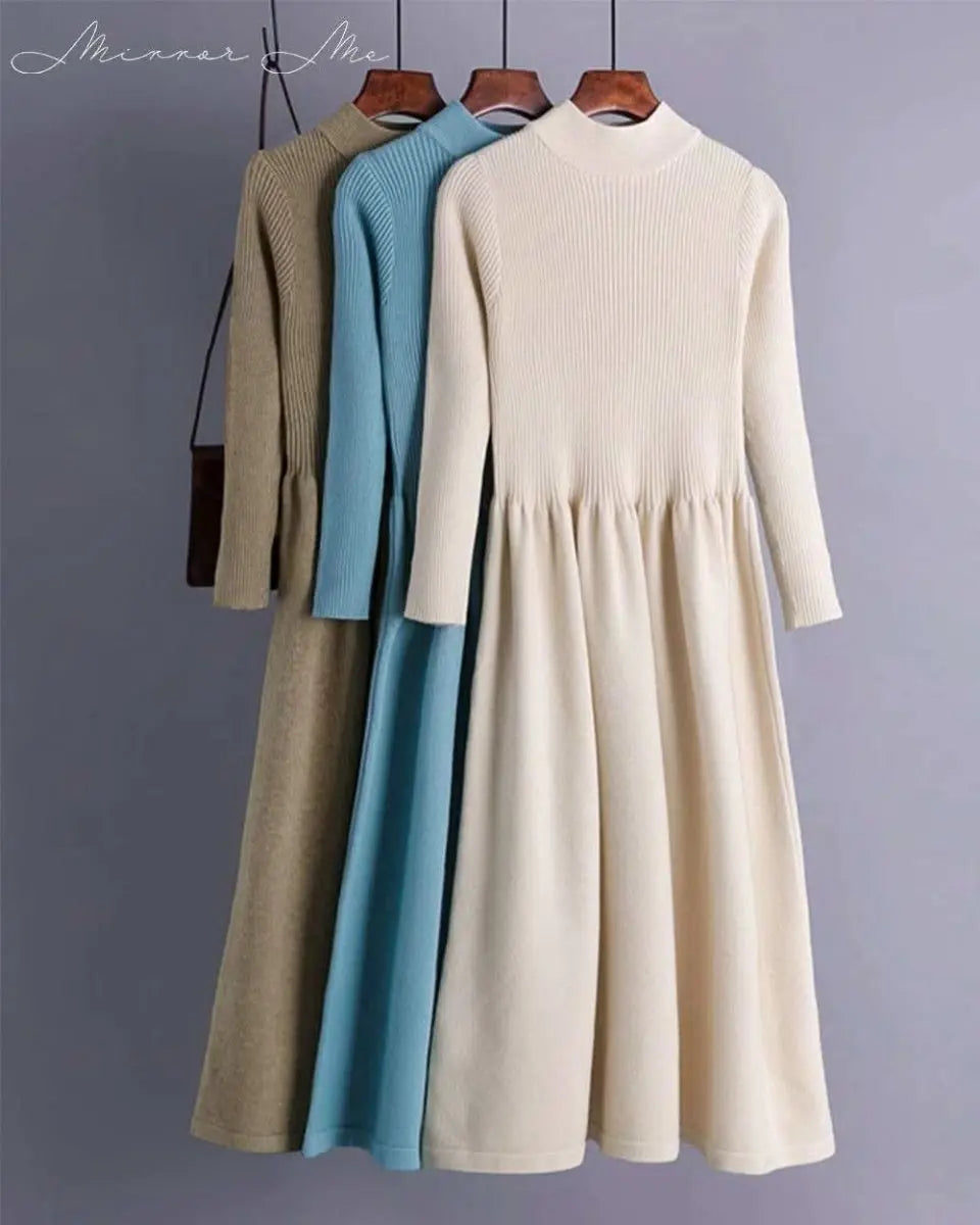 【動画あり】くすみカラーモックネックリブ切り替えワンピース 5色展開 mirror me