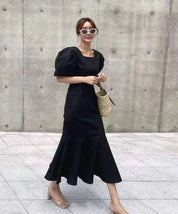 【ブラックM1点即納】バックオープンリボンマーメイドワンピース 2色展開 mirror me