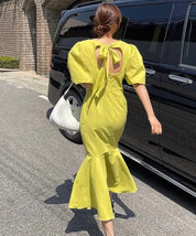 【ブラックM1点即納】バックオープンリボンマーメイドワンピース 2色展開 mirror me