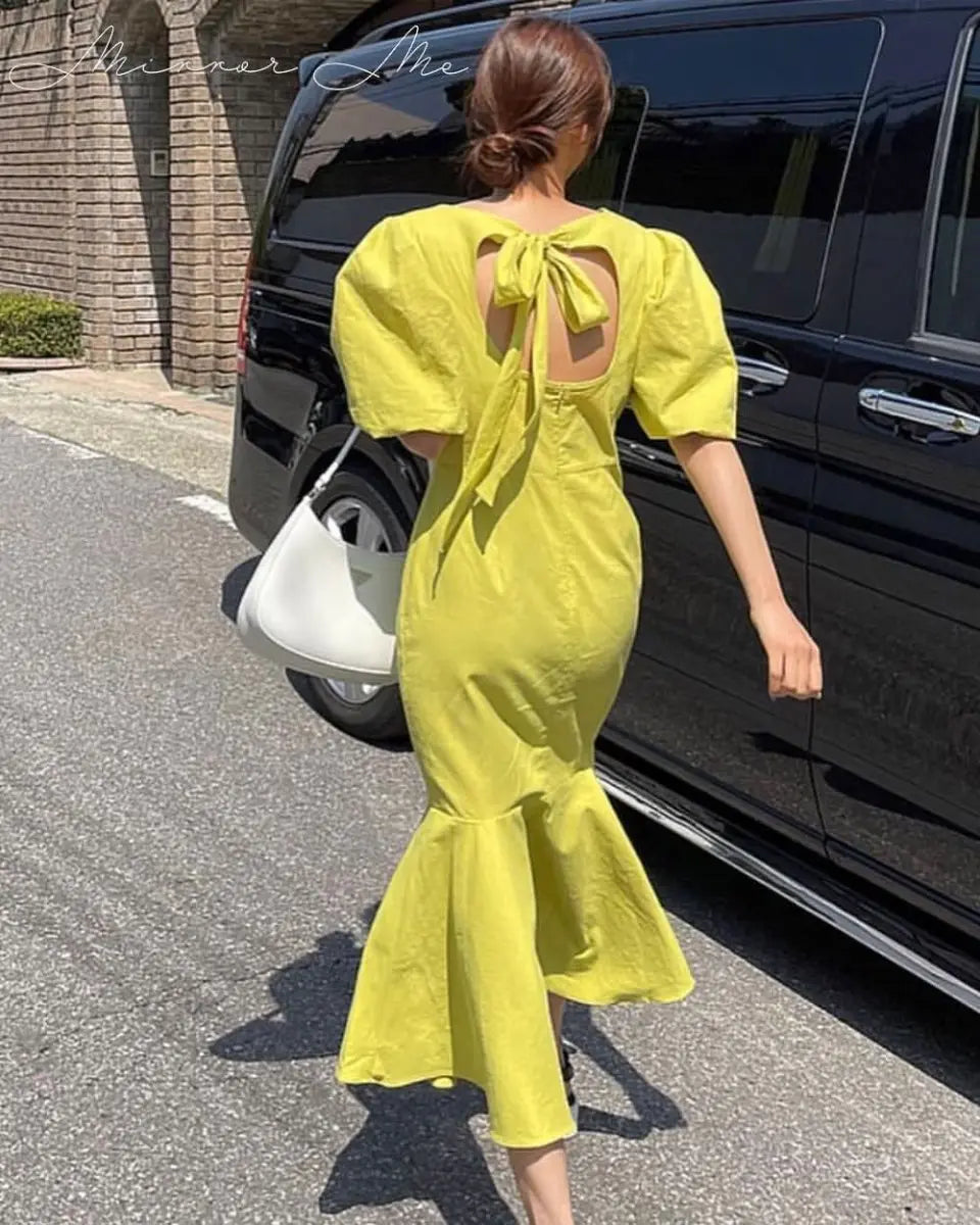 【ブラックM1点即納】バックオープンリボンマーメイドワンピース 2色展開 mirror me