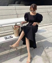 【ブラックM1点即納】バックオープンリボンマーメイドワンピース 2色展開 mirror me