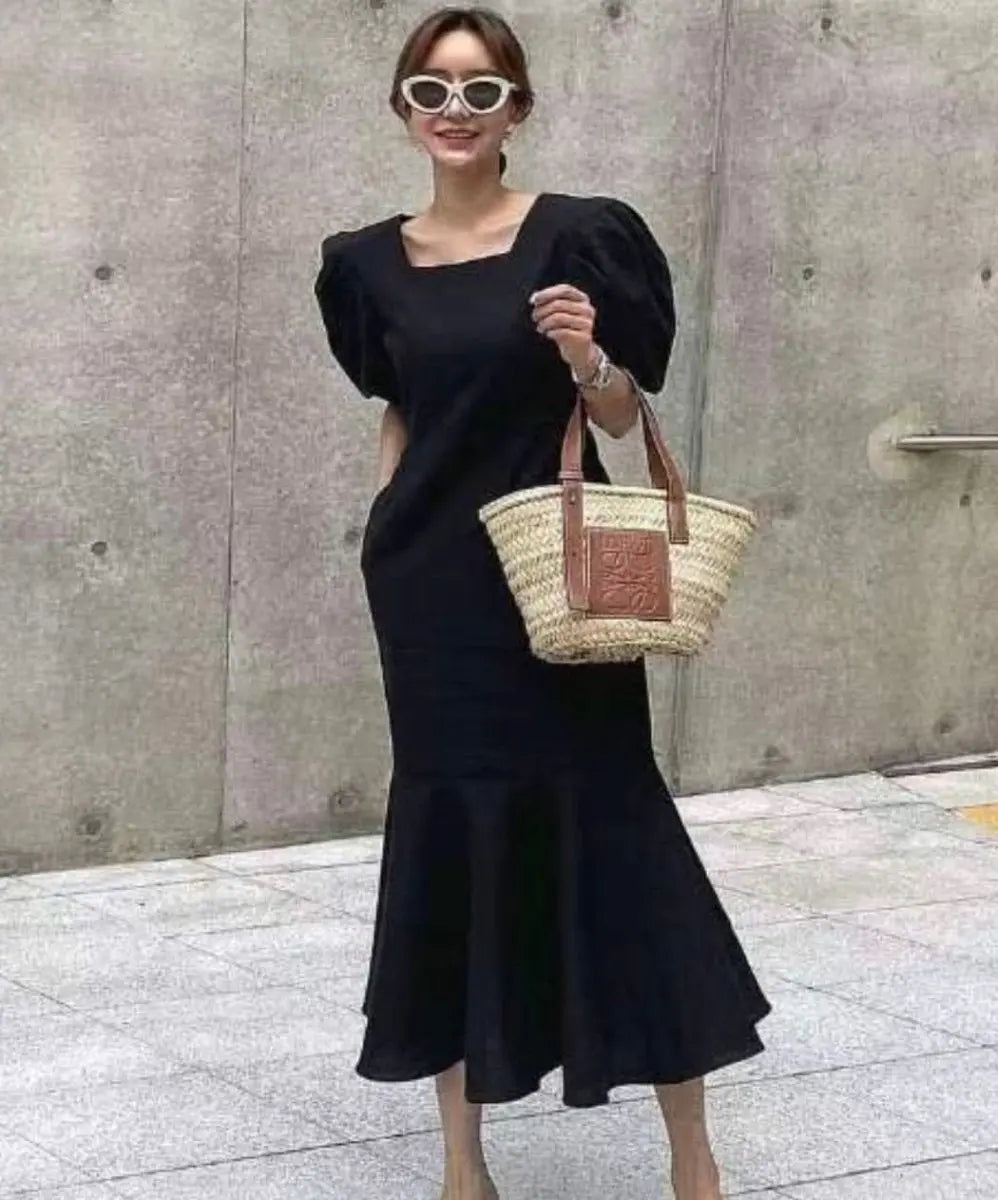 【ブラックM1点即納】バックオープンリボンマーメイドワンピース 2色展開 mirror me