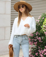 ランタンスリーブVネックスリットホワイトトップス - select store mirror meランタンスリーブVネックスリットホワイトトップス121585370mirror meselect store mirror me121585370S