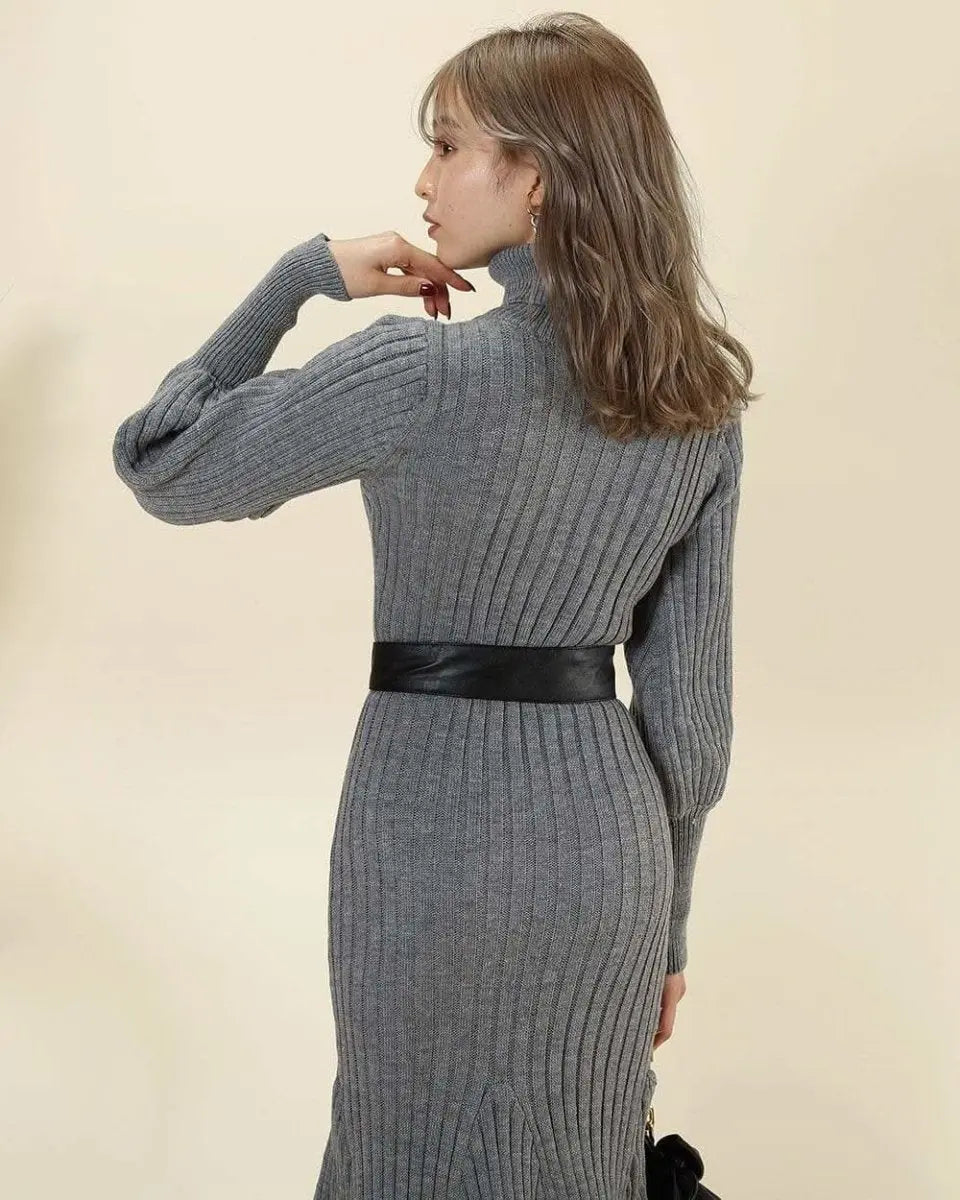 ＜残り１点！＞【動画あり】タートルネックふんわり美シルエットリブワンピース　２色展開 mirror me