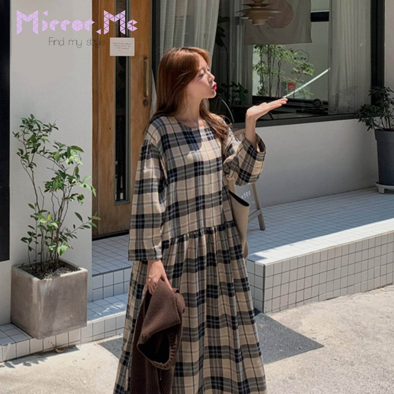 ナチュラルベージュオーバーチェック柄ワンピース - select store mirror meナチュラルベージュオーバーチェック柄ワンピース109737206mirror meselect store mirror me109737206S