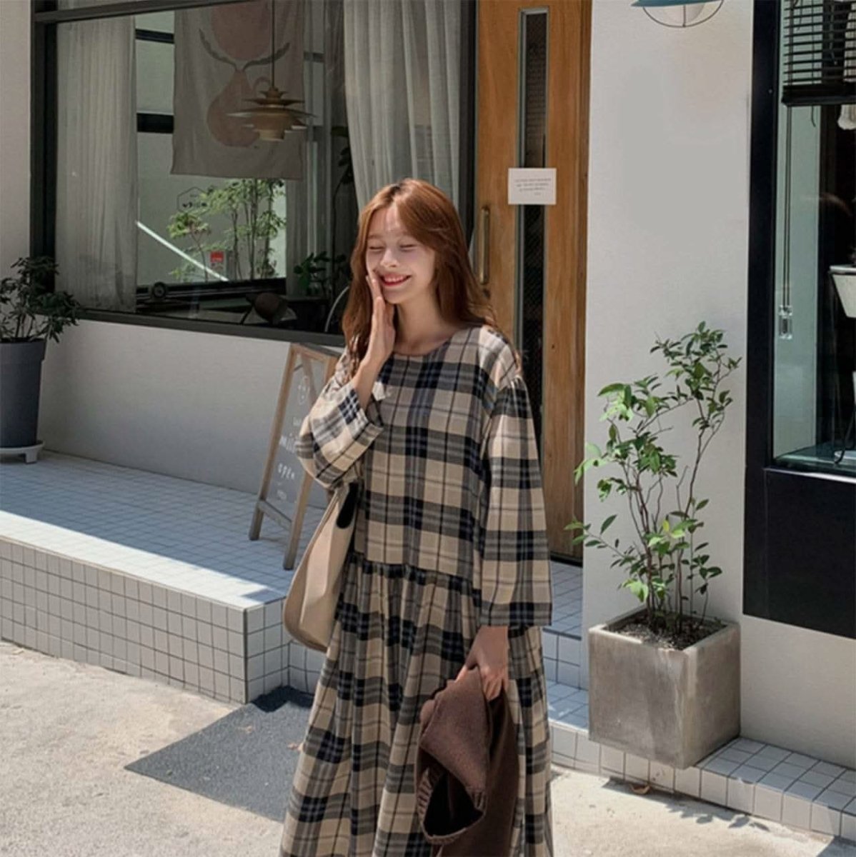 ナチュラルベージュオーバーチェック柄ワンピース - select store mirror meナチュラルベージュオーバーチェック柄ワンピース109737206mirror meselect store mirror me109737206S