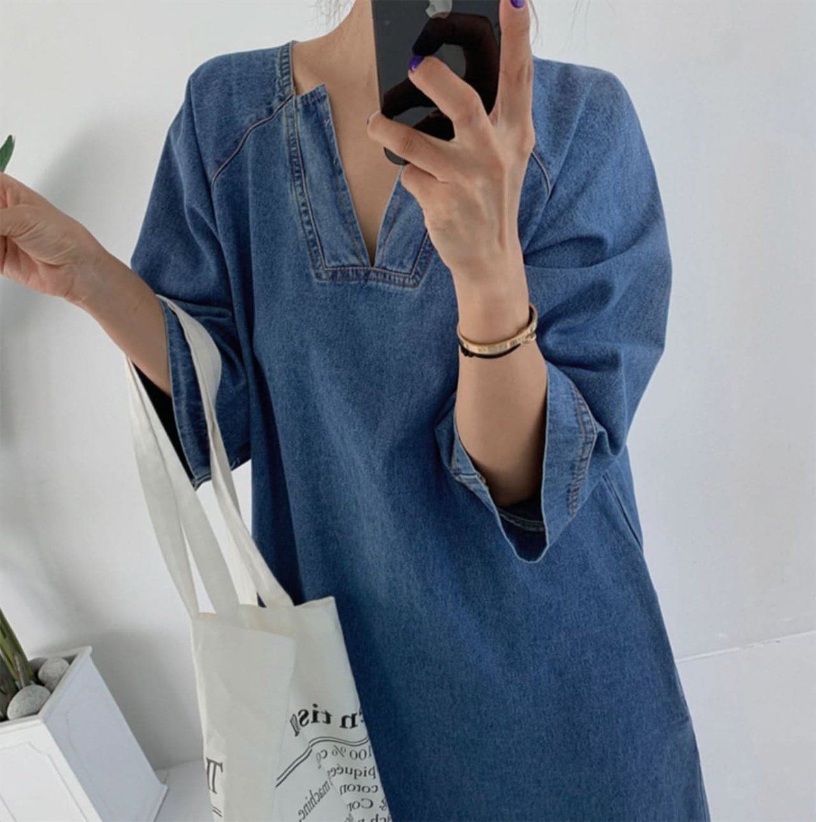 スリットネック七分丈デニムワンピース - select store mirror meスリットネック七分丈デニムワンピース109738875mirror meselect store mirror me109738875S