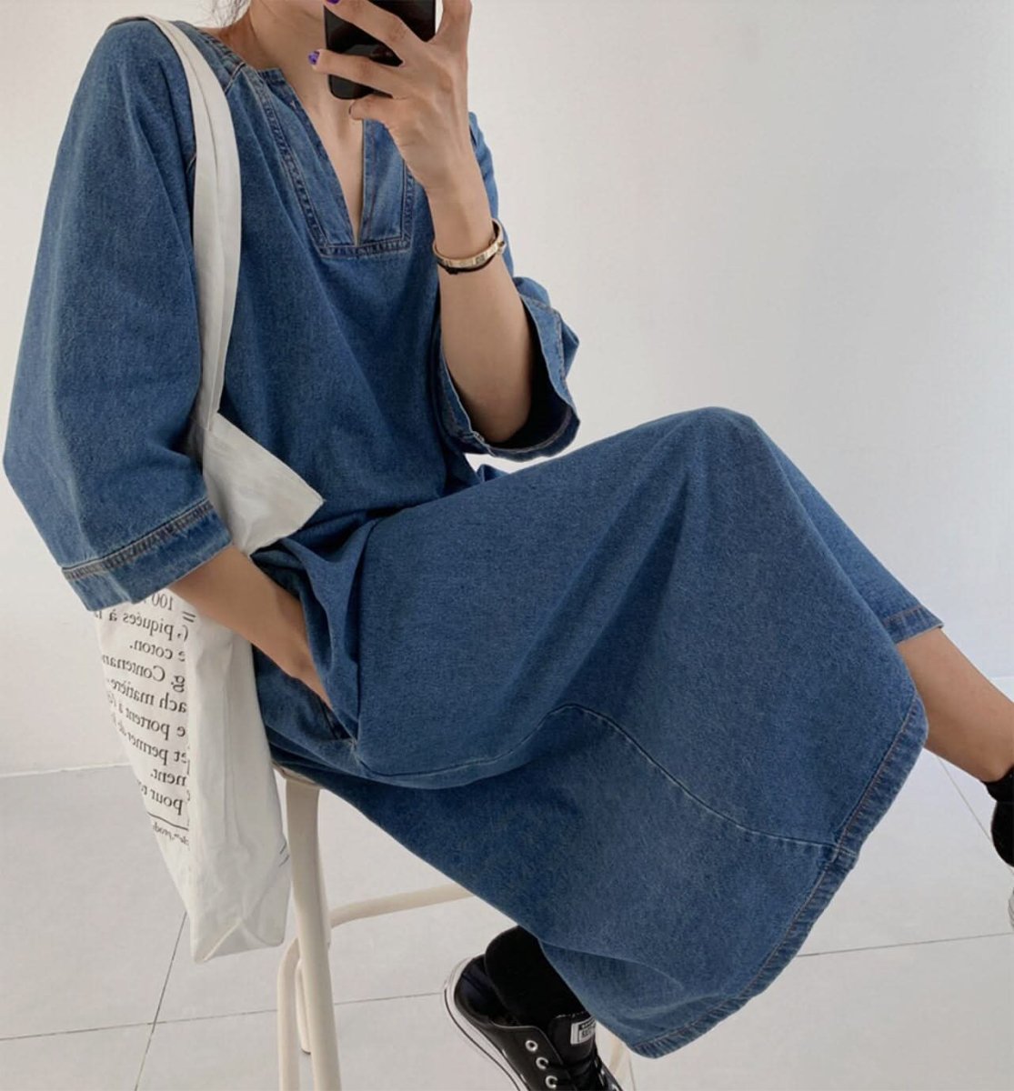 スリットネック七分丈デニムワンピース - select store mirror meスリットネック七分丈デニムワンピース109738875mirror meselect store mirror me109738875S