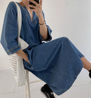 スリットネック七分丈デニムワンピース - select store mirror meスリットネック七分丈デニムワンピース109738875mirror meselect store mirror me109738875S