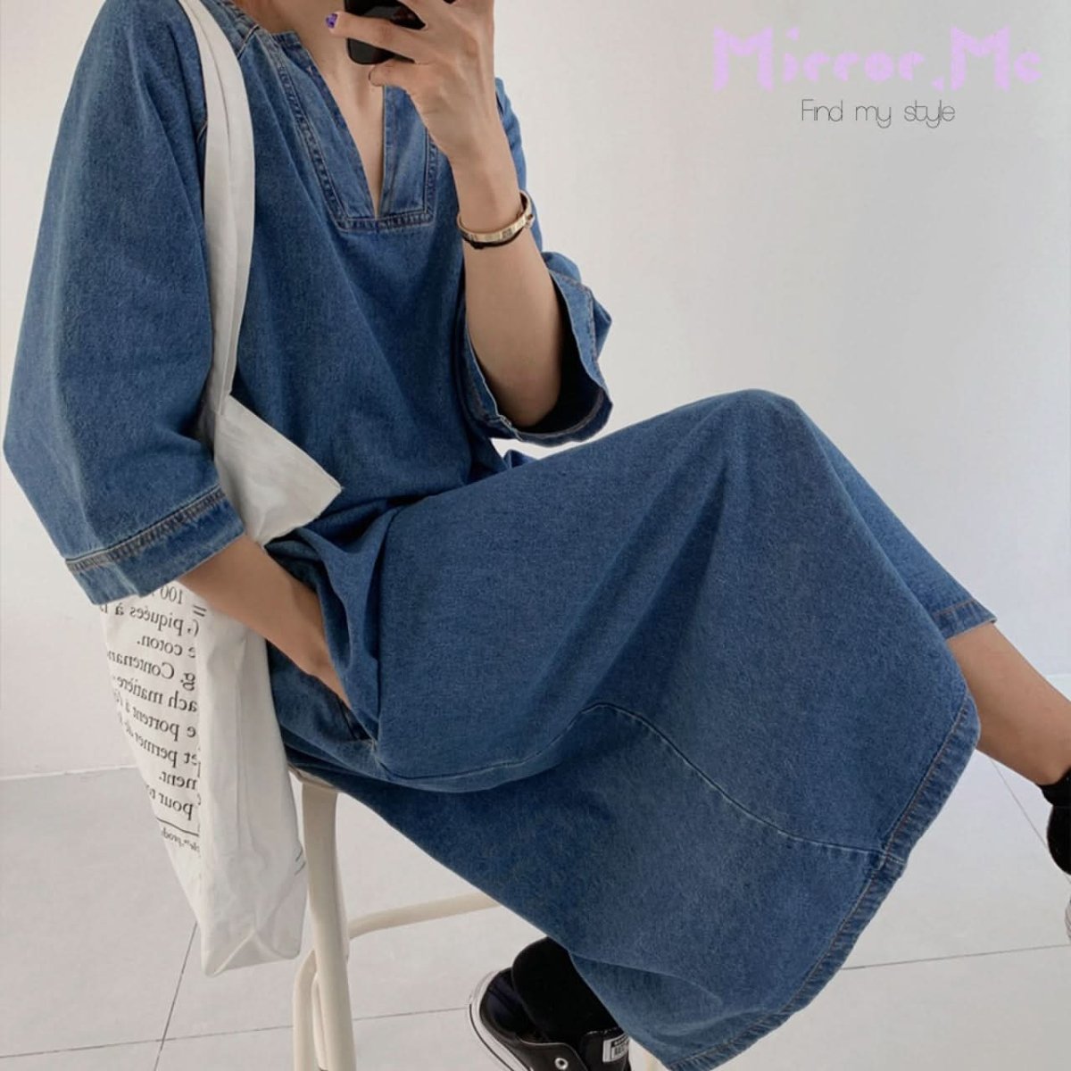 スリットネック七分丈デニムワンピース - select store mirror meスリットネック七分丈デニムワンピース109738875mirror meselect store mirror me109738875S