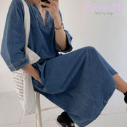 スリットネック七分丈デニムワンピース - select store mirror meスリットネック七分丈デニムワンピース109738875mirror meselect store mirror me109738875S