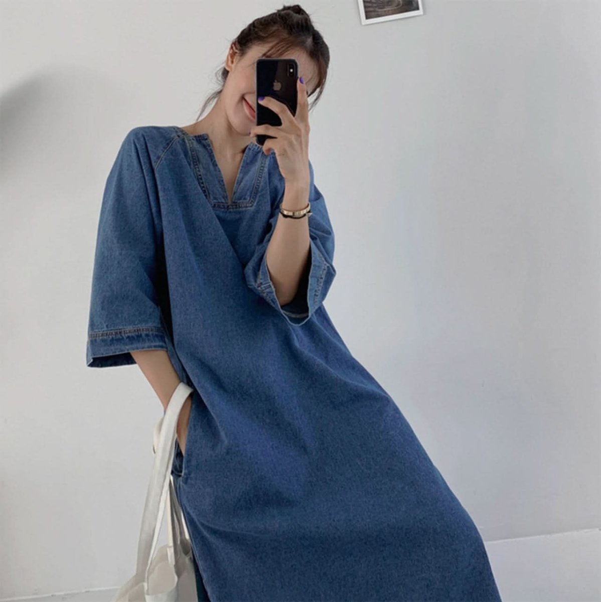 スリットネック七分丈デニムワンピース - select store mirror meスリットネック七分丈デニムワンピース109738875mirror meselect store mirror me109738875S
