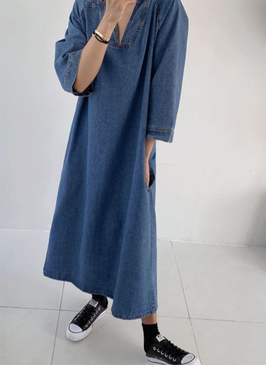 スリットネック七分丈デニムワンピース - select store mirror meスリットネック七分丈デニムワンピース109738875mirror meselect store mirror me109738875S