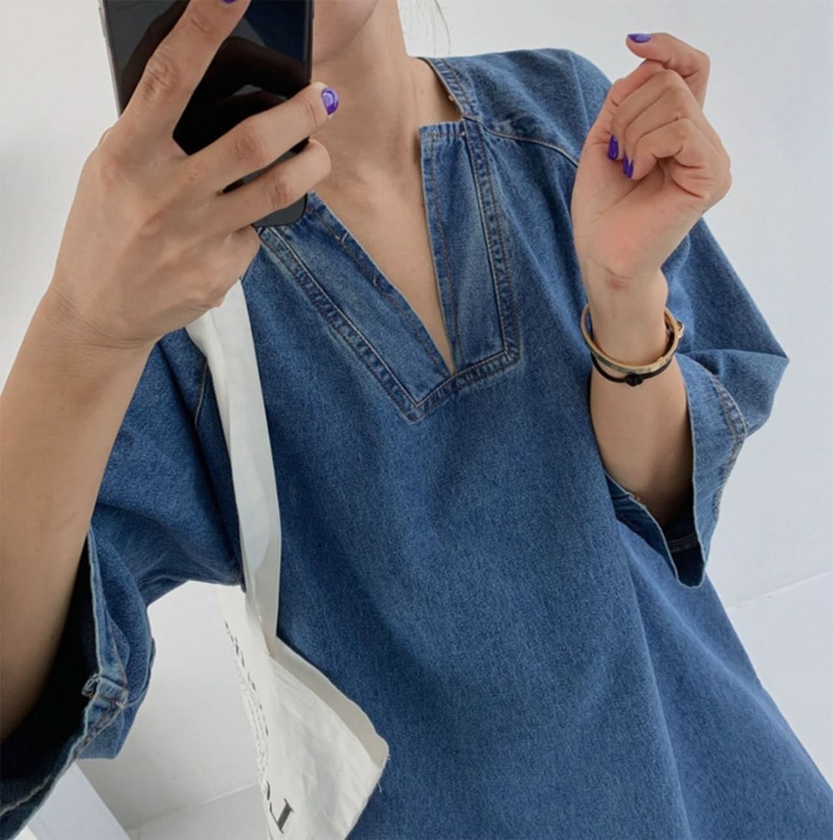 スリットネック七分丈デニムワンピース - select store mirror meスリットネック七分丈デニムワンピース109738875mirror meselect store mirror me109738875S