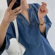 スリットネック七分丈デニムワンピース - select store mirror meスリットネック七分丈デニムワンピース109738875mirror meselect store mirror me109738875S