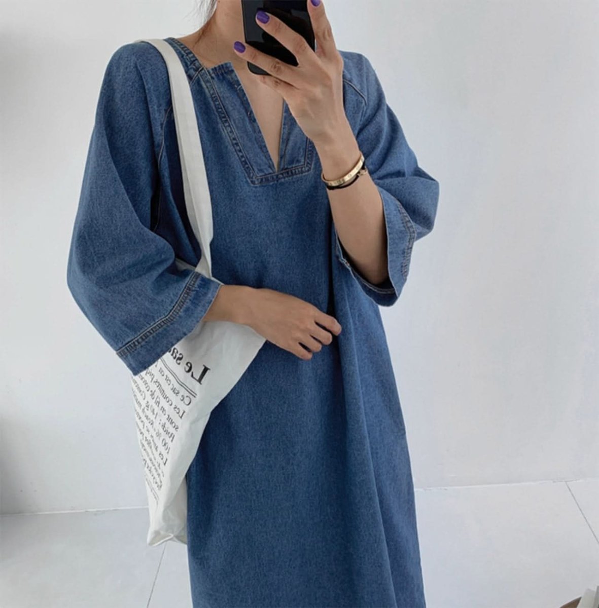 スリットネック七分丈デニムワンピース - select store mirror meスリットネック七分丈デニムワンピース109738875mirror meselect store mirror me109738875S