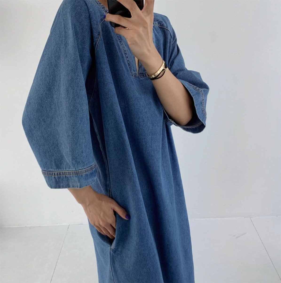 スリットネック七分丈デニムワンピース - select store mirror meスリットネック七分丈デニムワンピース109738875mirror meselect store mirror me109738875S