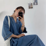 スリットネック七分丈デニムワンピース - select store mirror meスリットネック七分丈デニムワンピース109738875mirror meselect store mirror me109738875S