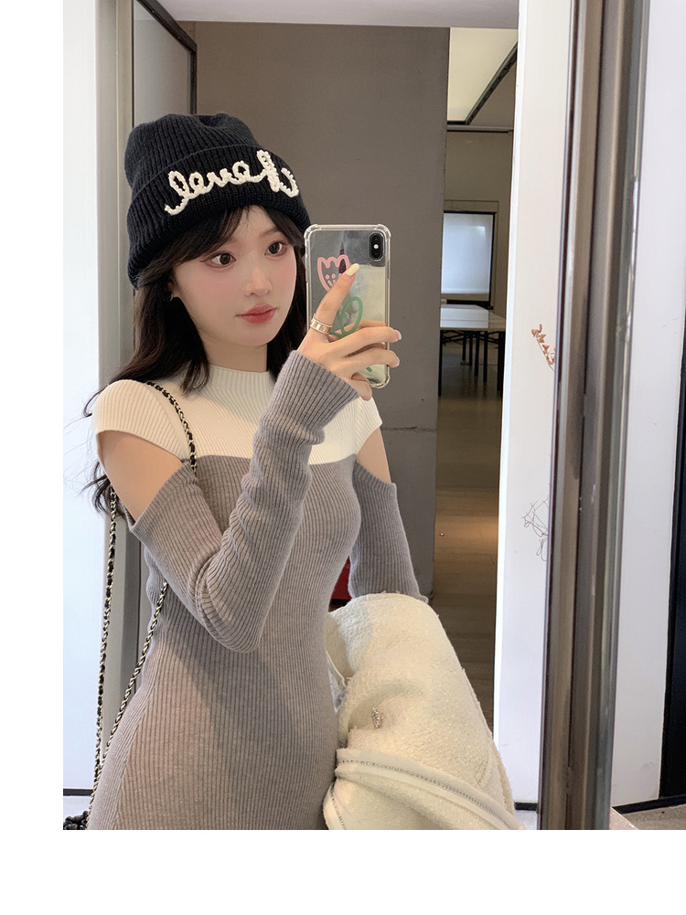 スリーブカットコントラストニットワンピース　３色展開