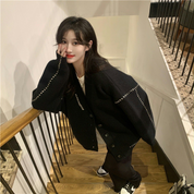 バイカラーステッチ厚めニットカーディガン　２色展開