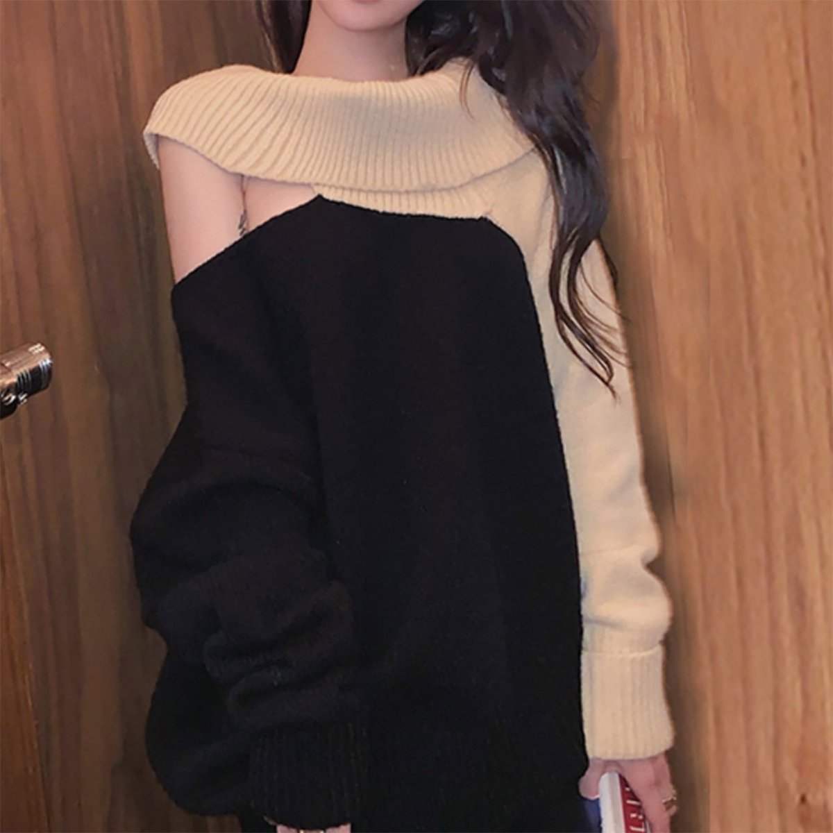 ＜１点即納＞【動画あり】アシンメトリーショルダーカットバイカラーニット - select store mirror me＜１点即納＞【動画あり】アシンメトリーショルダーカットバイカラーニットmirror meselect store mirror meフリーサイズ
