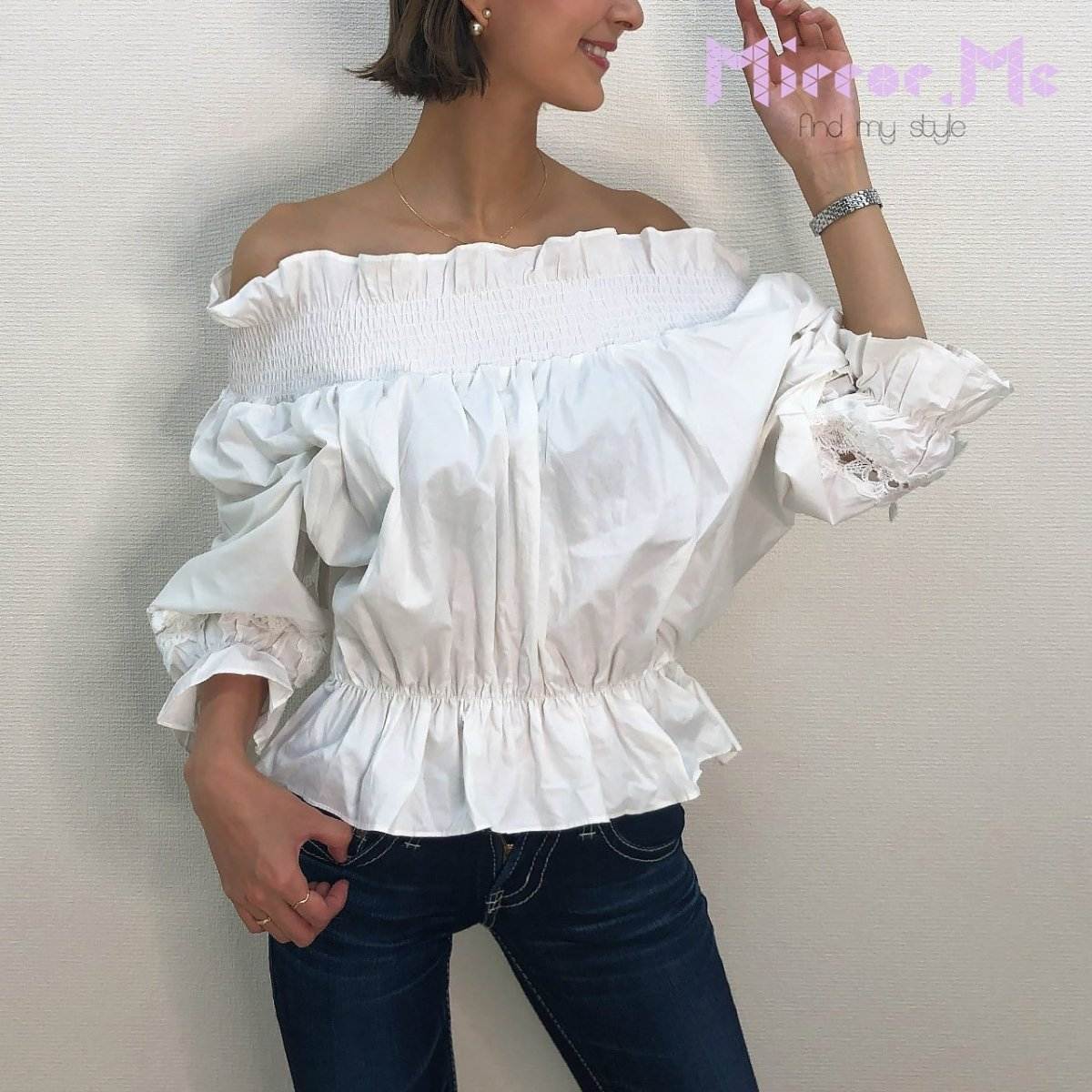 ＜ラスト１点即納＞春におすすめ！オフショルバックリボン袖ラフレースブラウス - select store mirror me＜ラスト１点即納＞春におすすめ！オフショルバックリボン袖ラフレースブラウスmirror meselect store mirror meフリーサイズ