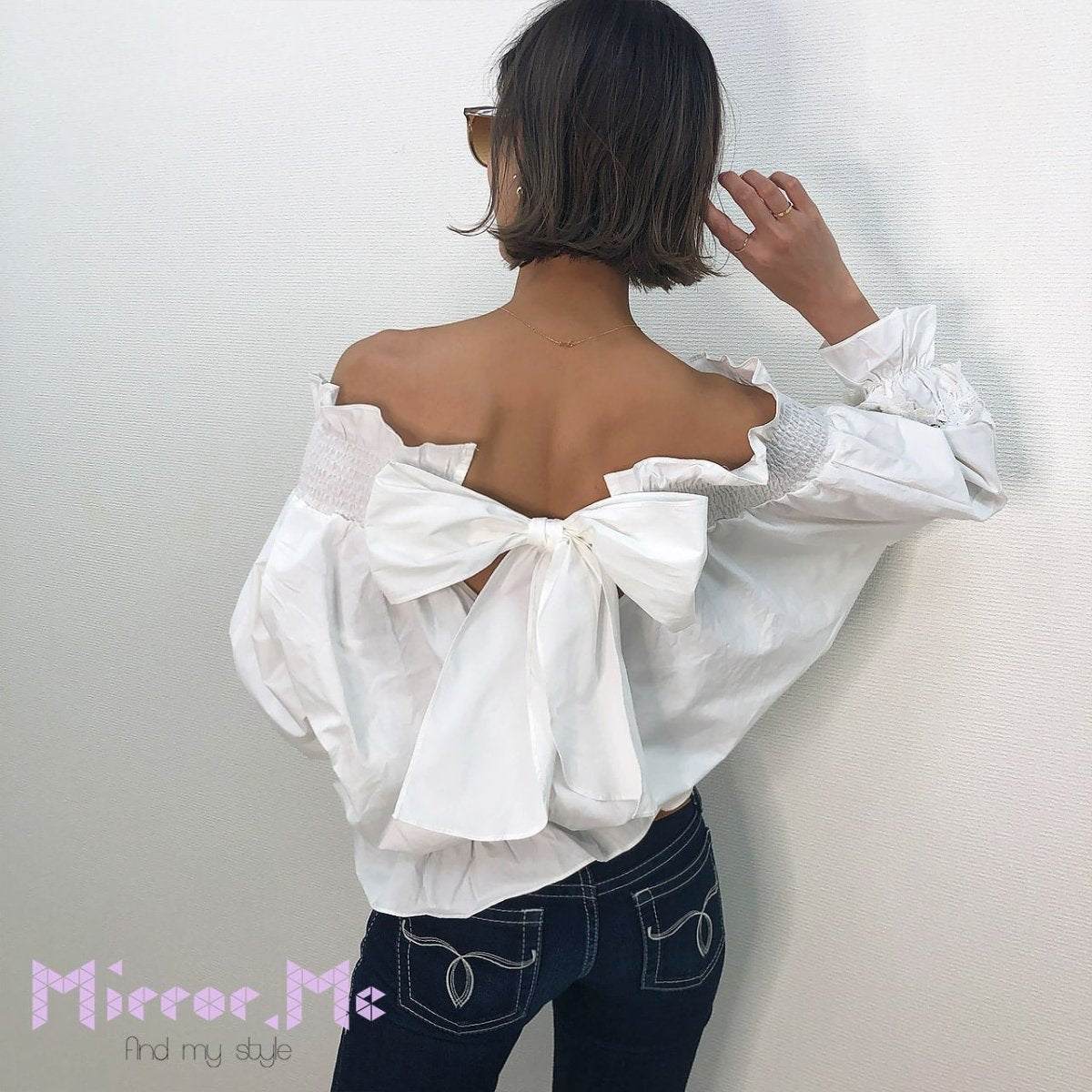 ＜ラスト１点即納＞春におすすめ！オフショルバックリボン袖ラフレースブラウス - select store mirror me＜ラスト１点即納＞春におすすめ！オフショルバックリボン袖ラフレースブラウスmirror meselect store mirror meフリーサイズ