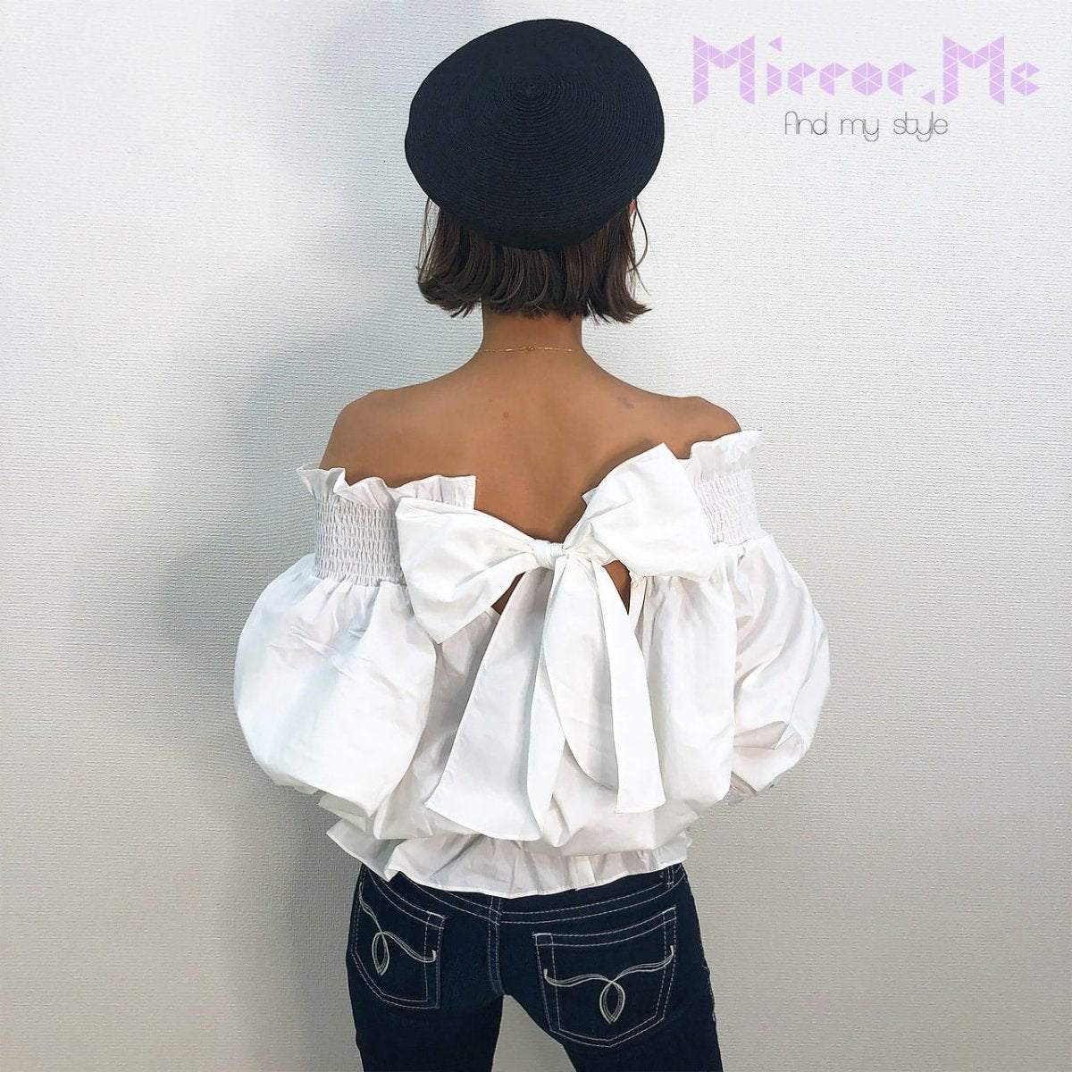 ＜ラスト１点即納＞春におすすめ！オフショルバックリボン袖ラフレースブラウス - select store mirror me＜ラスト１点即納＞春におすすめ！オフショルバックリボン袖ラフレースブラウスmirror meselect store mirror meフリーサイズ