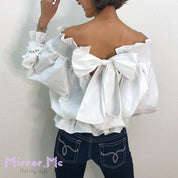 ＜ラスト１点即納＞春におすすめ！オフショルバックリボン袖ラフレースブラウス - select store mirror me＜ラスト１点即納＞春におすすめ！オフショルバックリボン袖ラフレースブラウスmirror meselect store mirror meフリーサイズ