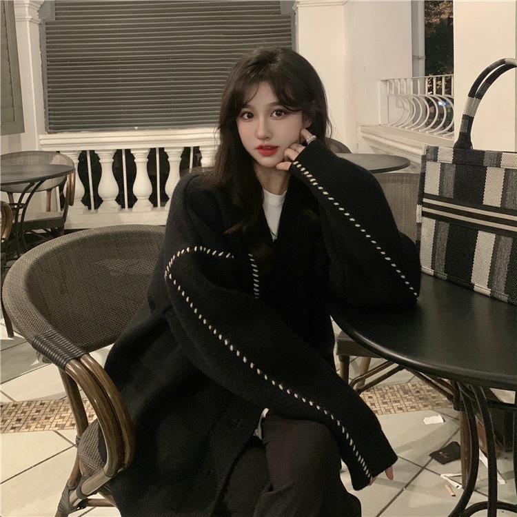 バイカラーステッチ厚めニットカーディガン　２色展開