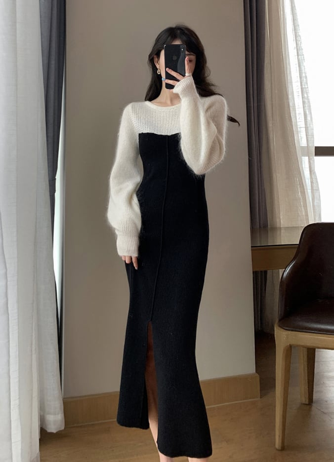 ニット切り替えベアロングスリットワンピース - select store mirror meニット切り替えベアロングスリットワンピース195231109mirror meselect store mirror me195231109S